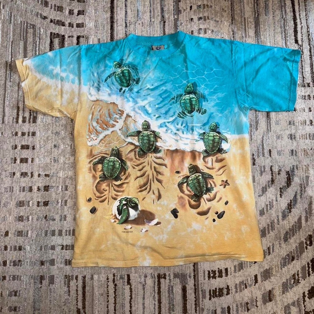 Vintage 1996 Liquid Blue Sea Turtle Tie Dye T-Shirt Large All Over Print 90s Tee